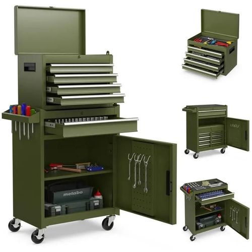 COSTWAY Servante Caisse à Outils 4 Tiroirs Amovible Etagère Réglable Planche à Outils 4 Roues Verrouillables Vert Olive