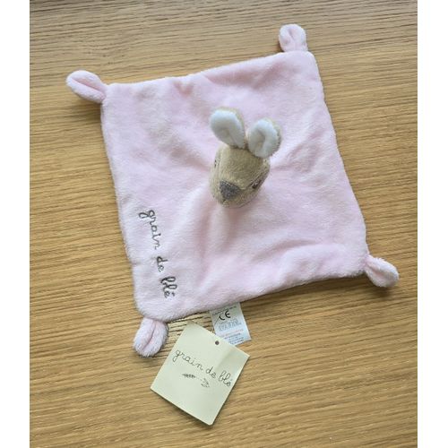 Doudou Plat Carré Lapin Rose Beige Blanc Grain de Blé
