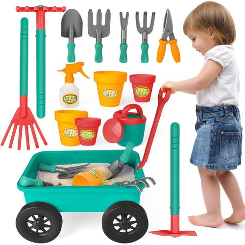 Ensemble de Jardinage avec Brouette Enfants,Pelle,Râteau,Pots de Plantes,Arrosoir,14PCS Kit de Jeu avec Outils de Jardinage pour Enfants,Set d'outils de jardinage en plein air 3 ans +(vert)