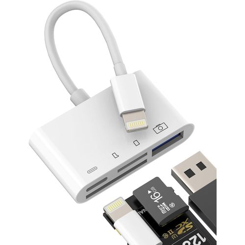 Adaptateur Lightning vers USB 4 en 1 Lecteur Carte SD Micro SD pour iPhone 14 13 12 Pro Max pour iPad Numérique Appareil Photo Mémoire OTG Câble pour Apple TF Memory Card Reader Adapter Multiport