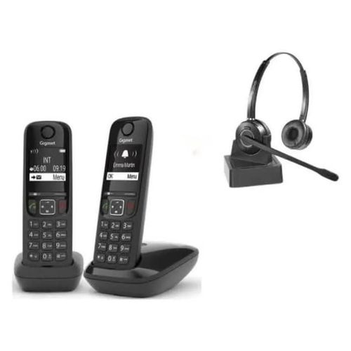 Cleyver - 2 Téléphones Gigaset AS690 DECT, sans Fil, Noir et Casque Duo ODHW15, Longue Portée, 2 Ecouteurs