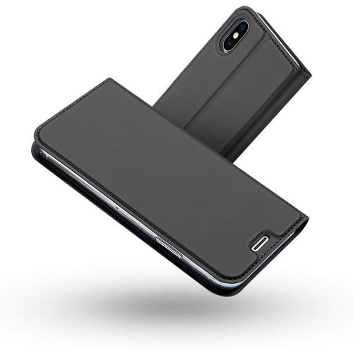 Cloudds_Coque Iphone Xs,Coque Iphone X,Ultra Mince En Cuir Pu Premium Housse À Rabat Portefeuille Coque Étui De Protection Bumper Folio À Clapet Pour Apple Iphone Xs/Iphone X 5.8 Pouces(Gris Noir)