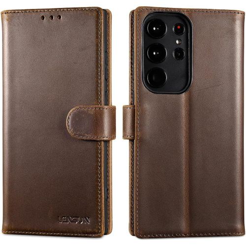 Cloudds_Housse Samsung Galaxy S23 Ultra 5g,Etui À Rabat En Cuir Véritable Portefeuille[Rfid Blocage]Avec Rangements Cartes Coque Pour Samsung S23 Ultramarron Foncé Rétro