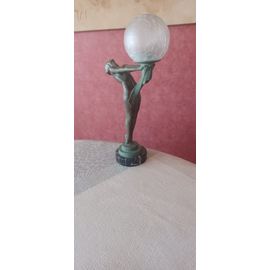 lampe signée LE VERRIER en bronze sur socle en marbre - verrerie en verre craquelé - hauteur 40 cm largeur 20 cm