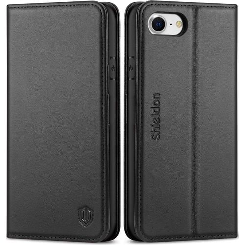 Cloudds_Coque Pour Iphone Se 2022 5g,Coque Pour Iphone Se 2020,Etui Portefeuille Protection Cuir Véritable Fermeture Magnétique Fonction Stand Et Rangements Cartes Pour Iphone Se3/Se2/8/7-Noir