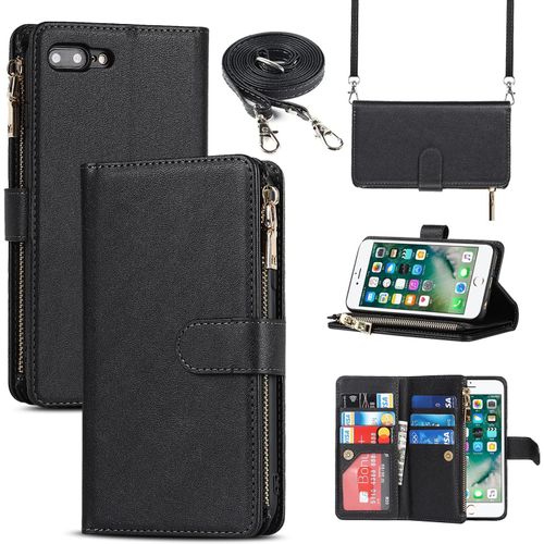 Cloudds_Coque Iphone 7 Plus/8 Plus Avec Cordon,Flip Portefeuille Étui Cuir,[9 Porte Cartes][Double Fermeture Magnétique],Réglable Collier Housse Case Pour Iphone 7 Plus/8 Plus-Noir