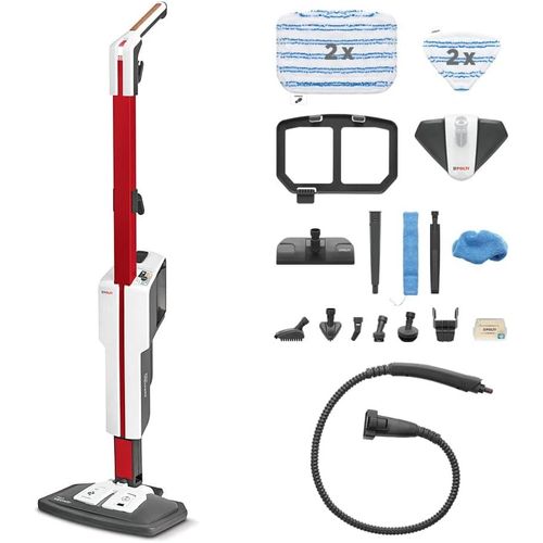 CLOUDDS_Vaporetto Sv650 Style,Balai Vapeur Avec Nettoyeur À Main Intégré,19 Accessoires,Chauffe Rapide 20Sec.,Filtre Anti-Calcaire,Autonomie Illimitée,Poignée Liège Confortable,Rouge Et Blanc