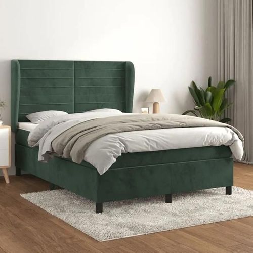 3129270 Vidaxl Lit À Sommier Tapissier Et Matelas Vert Foncé 140x190cm Velours