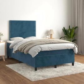 3142957 Vidaxl Lit À Sommier Tapissier Et Matelas Bleu Foncé 120x200cm Velours