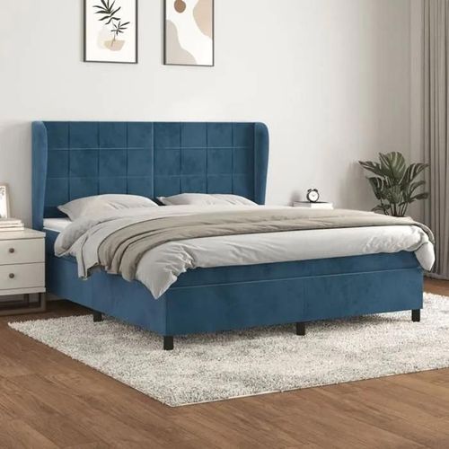 3129223 vidaXL Lit à sommier tapissier et matelas Bleu foncé 160x200cm Velours