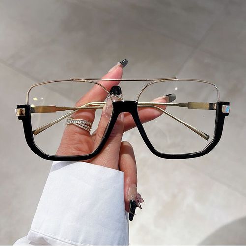 Kammpt Vintage Surdimensionné Lunettes De Soleil Mode Hommes Femmes Nuances Carrées Lunettes À La Mode Ins Marque Populaire Design Uv400 Lunettes De Soleil - Type Black-Gold-Clear #A