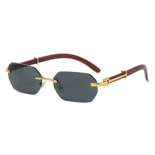 Lunettes De Soleil Sans Monture À La Mode Pour Hommes Et Femmes,Monture Rectangulaire En Bois,Nuances Rétro,Lunettes De Voyage D'été Uv400 - Type Gold Black