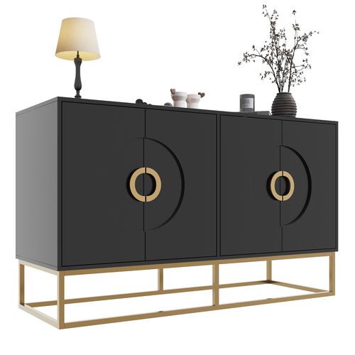 Meuble De Salle À Manger (140x40x83 Cm), Meuble De Rangement De Salle À Manger Et De Salon, Buffet Minimaliste, Porte D'Armoire À Anneau De Traction Rond, Noir