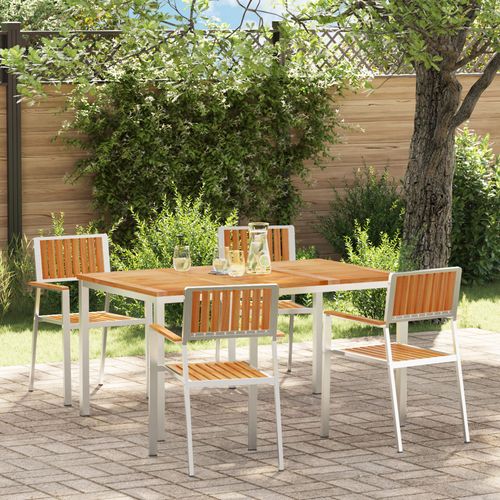 Ensemble De Salle À Manger Jardin 5 Pièces En Teck Massif, Table À Manger D'extérieur 150x90x75 Cm En Teck Massif, Chaises De Jardin Empilables 4 Pièces En Teck Et Métal