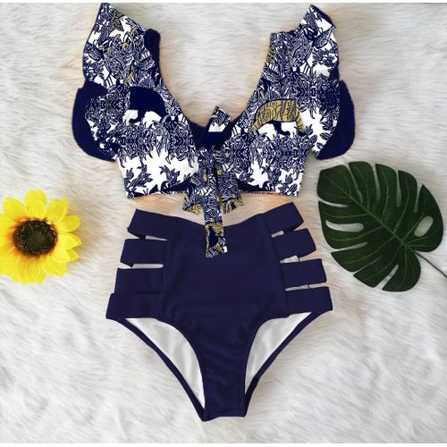 Maillot De Bain Deux Pièces À Volants,Taille Haute,Col En V,Sexy,Modèle Floral,Bikini,Costume De Bain Pour Les Femmes,Modèle 2022
