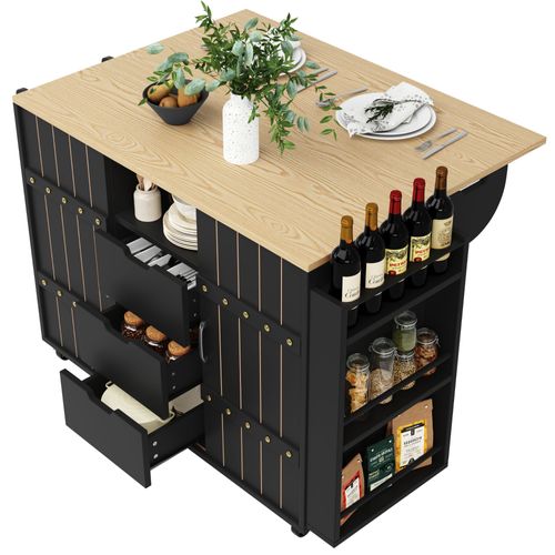 Desserte de Cuisine Polyvalente Noire - Roulettes, Plan de Travail, Rangement & Design Bois