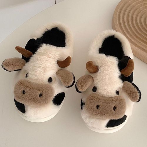 Pantoufles De Vache Pour Femmes Hommes Bande Dessinée D¿Intérieur Fuzzy Cow Print Pantoufles, 100% Nouveau