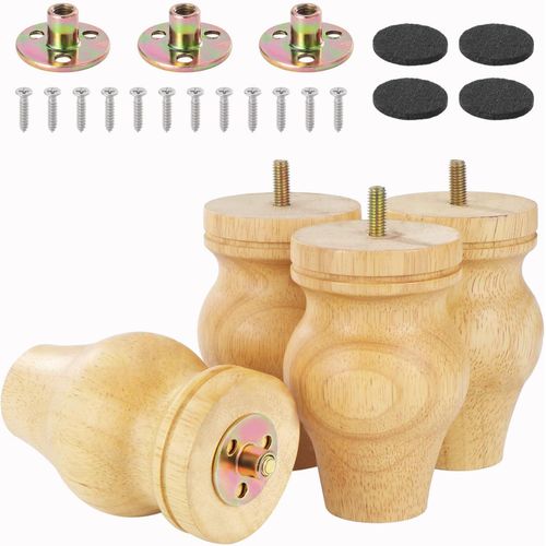 Lot De 4 Pieds De Rechange En Bois De Hêtre Massif De 13,5 Cm, Pieds De Canapé, Table Et Commode Avec Vis, Plaque De Montage Et Protection Antidérapante (Original)[Jia5282525]