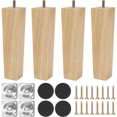 Lot De 4 Pieds Pour Meubles En Bois, 20 Cm, Pieds En Bois, Carrés Pour Meubles, Canapé, Lit, Table Avec Plaque De Montage, Coussinet Antidérapant Et Vis[JIA5282336]