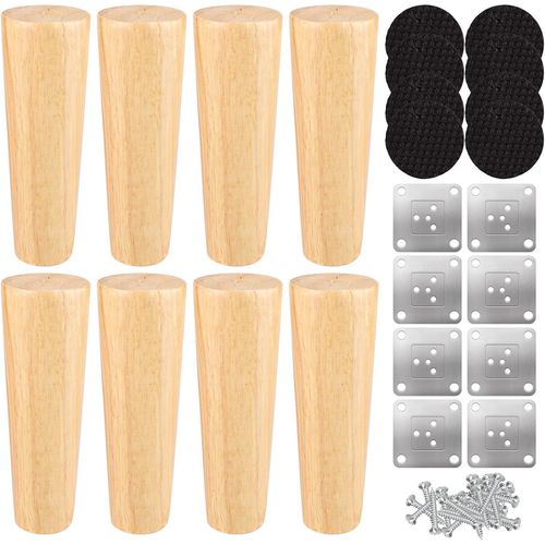Lot De 8 Pied De Meuble Bois 15 Cm, Pieds De Table Avec Plaque De Montage, Vis Et Tapis Antidérapant, Pied Canapé En Bois Pour Lit Armoire, Tables, Chaises[Jia5283749]