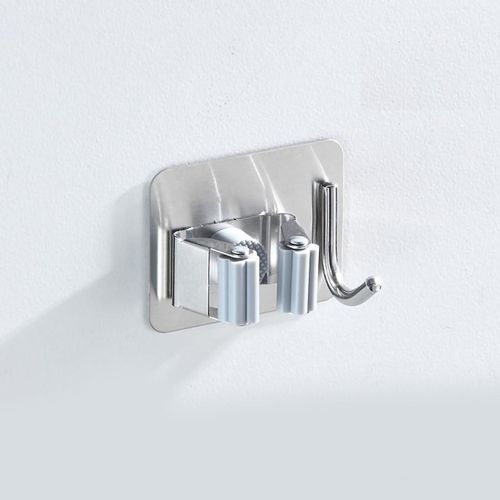 Clip de vadrouille mural en acier inoxydable Installation de colle sans poinçon Porte-balai de vadrouille multifonction pour salle de bain WC Grands carrés, gris, avec crochet