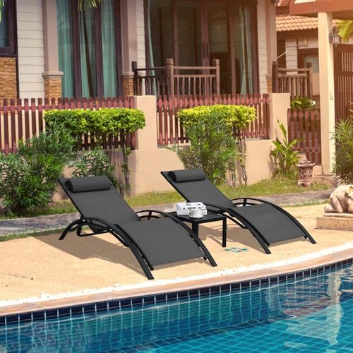 Lot De 2 Bains De Soleil Avec Table Aluminium Transats Chaises Longues De Jardin,Dossier Réglable En 5 Positions