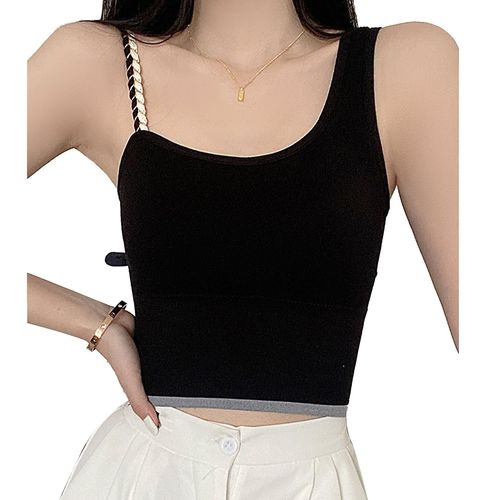 Femmes Débardeur Court À La Mode Sans Couture Irrégulière Slim Fitting Sans Manches Sangle Débardeur Pour Fitness Quotidien Noir