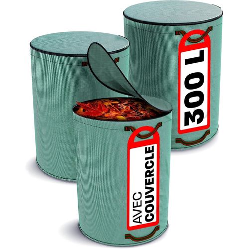 3x Sac Dechets Verts avec Couvercle 300L - Sac Jardinage Dechets avec 4 Poignées Résistantes - Stable - Pliable - - Polypropylène Robuste