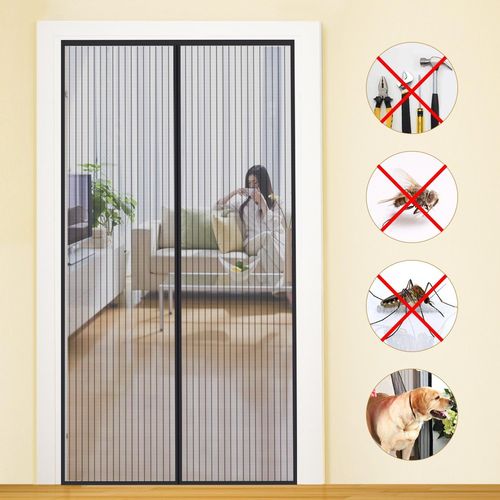 Moustiquaire Noire 120x220cm Maille Ultra Fine Moustiquaire Porte-Fenêtre Aimantée Rideau Anti Mouche Anti Insecte Fermeture Magnétique Installation Sans Perçage avec Bande Adhésive