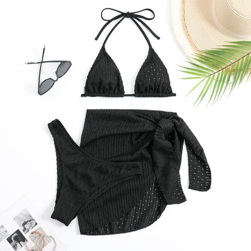 Maillot De Bain 3 Pièces Col Licou Pour Femmes,Matière Spéciale,Sexy,String,Avec Jupe Sarong,Blanc/Noir/Rose/Vert,Vêtements De Plage,Été,2024
