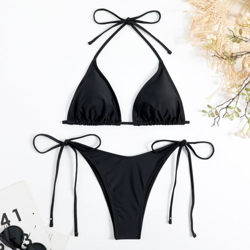 Sexy Femmes String Couleur Unie Bikini Ensemble Côté Licou Cravate Maillot De Bain Dames Sangle Fendue Réglable Maillot De Bain Brésilien Maillots De Bain