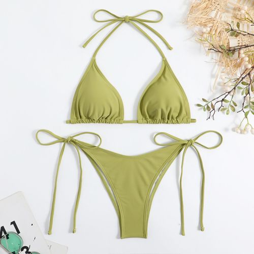 Sexy Femmes String Couleur Unie Bikini Ensemble Côté Licou Cravate Maillot De Bain Dames Sangle Fendue Réglable Maillot De Bain Brésilien Maillots De Bain