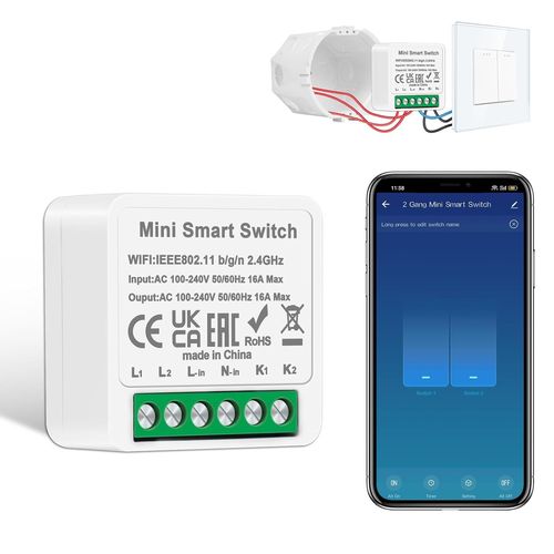 1 module d'interrupteur intelligent - 2 voies - 1 voie - Mini interrupteur Wi-Fi DIY - S'adapte derrière un interrupteur mural - Compatible avec Alexa Echo,Google Home,Smart Life,conducteur