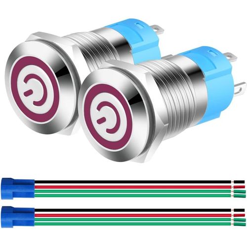2pièces 12mm Acier Inoxydable Verrouillage Bouton Poussoir Interrupteur,Normalement Ouvert SPST 12V-24V 3A Interrupteur à Levier Étanche avec Fiche à Douille (LED Rouge)