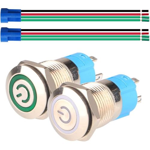 2pcs 12mm Autobloquant Interrupteur,Acier Inoxydable Verrouillage Bouton Interrupteur,Normalement Ouvert SPST 12V-24V 3A Interrupteur à Levier Étanche avec Fiche à Douille(Blanc+Vert)