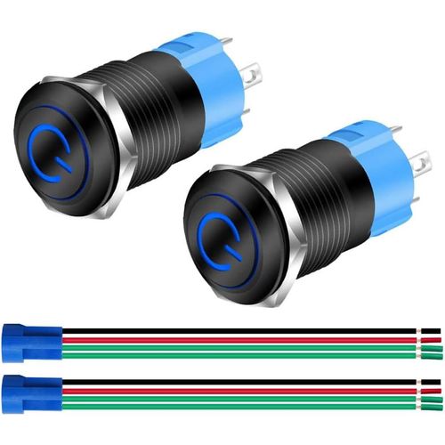 Interrupteur à Bouton Poussoir à Verrouillage Noir en Métal 12 mm 12 V-24 V 3 A Symbole D'alimentation LED 1NO1NC SPST on Off Interrupteur à Bascule Etanche avec Prise de Fil (LED Bleue)