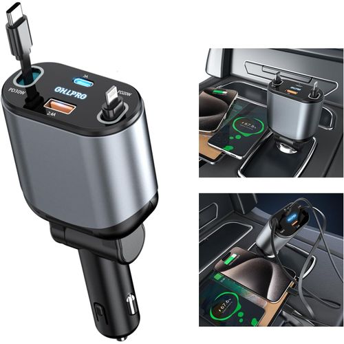 Shiba-Chargeur De Voiture Rétractable 4-En-1, Adaptateur De Charge Rapide 78w Avec Câble Rétractable Type-C & Lightning Et 2 Ports[1