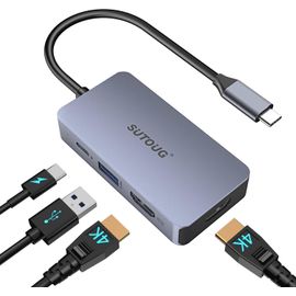 HUAG-Concentrateur USB C, Station d'accueil Sutoug, Adaptateur USB C 4 en 1 avec Deux Ports HDMI 4K, Port d'alimentation 100 W, Port de données USB A 3.0 5 Gbit/s Compatible avec MacBook Pro/Air