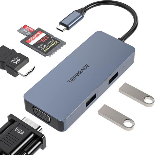 HUAG-HUB USB C 6 en 1, adaptateur USB C vers USB avec lecteur de carte 4K HDMI, VGA, SD et TF et 2 ports USB 2.0, station d'accueil USB C pour MacBook HP et autres ordinateurs portables de type C
