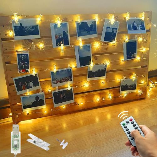 Huag-Litogo Guirlande Lumineuse Photo 12m 120led Usb, 8 Modes Avec Télécommande Pour Chambre, Fêtes, Decoration Interieur - Blanc Chaud (60 Clips 20 Clous)