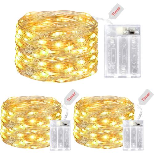 Huag-Timing Guirlande Lumineuse À Pile¿Lot De 3¿, 5m 50led Guirlandes Lumineuse Intérieur Extérieur, Étanche Guirlande Led À Pile Pour Décor Noël Mariage Anniversaire Fête Chambre Jardin Blanc Chaud