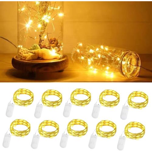 HUAG-Guirlande Lumineuse LED à Piles, 10×20 pcs Fil Lumineux Avec Pile CR2032 sur 2M Fil Argenté Étanche Micro Fée Lumières pour Chambre, Mariage, Noël, Halloween Interieur Décor (Blanc Chaud)