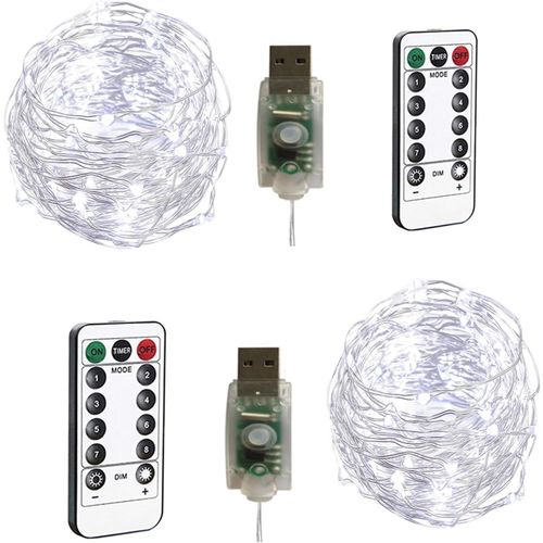 Huag-2 Guirlandes Lumineuses 100 Leds 10 Mètres Fil D'argent Blanc Froid,Prise Usb Avec Télécommande Lumière Etoilée Pour Décoration Noël Soirée Mariage Fête