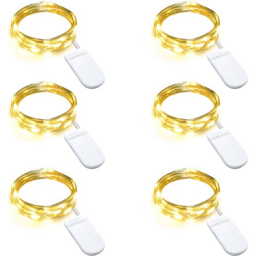 HUAG-Guirlande Lumineuse LED à Piles, 6×20 pcs Fil Lumineux Avec Pile CR2032 sur 2M Fil Argenté Étanche Micro Fée Lumières pour Chambre, Mariage, Noël, Halloween Interieur Décor (Blanc Chaud)