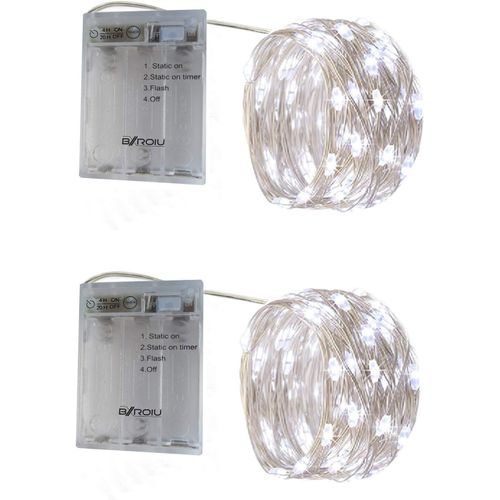 HUAG-Guirlande Lumineuse à Pile Fil d'argent avec minuterie,3 Mode idéal pour les fêtes de Noël, le mariage, la fête, et le décor de votre chambre et jardin (Blanc Froid, 2 Pack 5 Mètres)