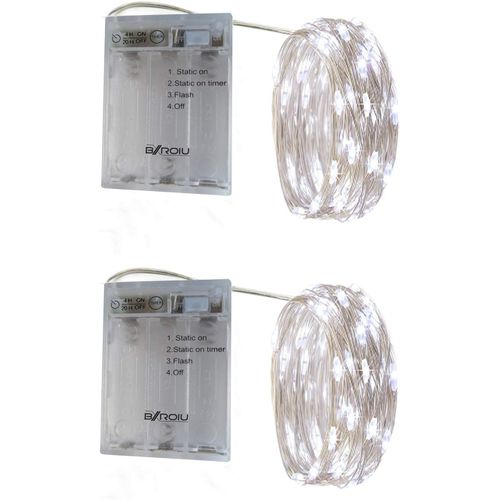 HUAG-Guirlande Lumineuse à Pile Fil d'argent avec minuterie,3 Mode idéal pour les fêtes de Noël, le mariage, la fête, et le décor de votre chambre et jardin (Blanc Froid, 2 Pack 2 Mètres)