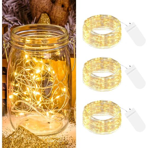 HUAG-Lot de 3 guirlandes lumineuses LED avec piles - 2 m - 20 LED - Fil argenté - Mini guirlande lumineuse à piles - Étanche - Pour Noël, mariage, fête, décoration intérieure - Blanc chaud
