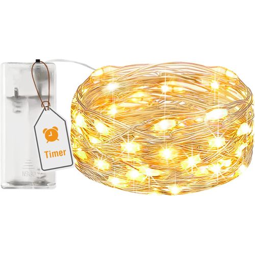 HUAG-Guirlande LED à Pile avec Minuterie, 2m 20 LED Petite Fairy Lights en Fil d'Argent, IP65 Étanche Guirlande Lumineuse Pile pour Décoration Chambre Noël Maison Halloween Blanc Chaud