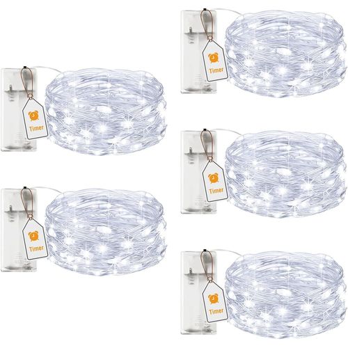 Huag-Lot De 5 Guirlande Led À Pile Avec Minuterie, 2m 20 Led Petite Fairy Lights En Fil D'argent, Ip65 Étanche Guirlande Lumineuse Pile Pour Décoration Chambre Noël Maison Halloween Blanc Froid