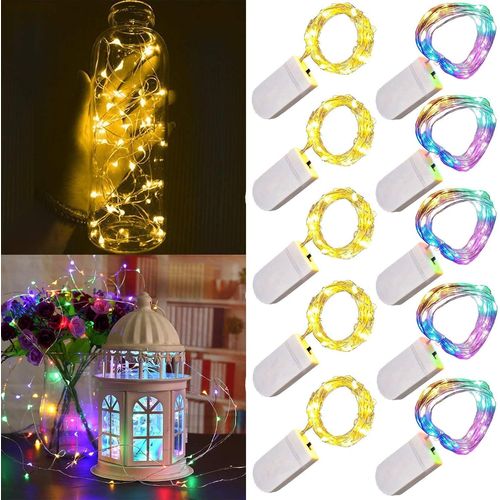 HUAG-Lot de 10 guirlandes lumineuses LED à piles 1m 10 LED fil d'argent multicolore et blanc chaud étanche étoile bouteille guirlande lumineuse pour Noël fête de mariage chambre décoration intérieure